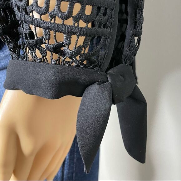 NWT Express Off Shoulder Black Blouse Eyelet Lace Sleeves Semi Sheer Size Small - Picture 2 of 13